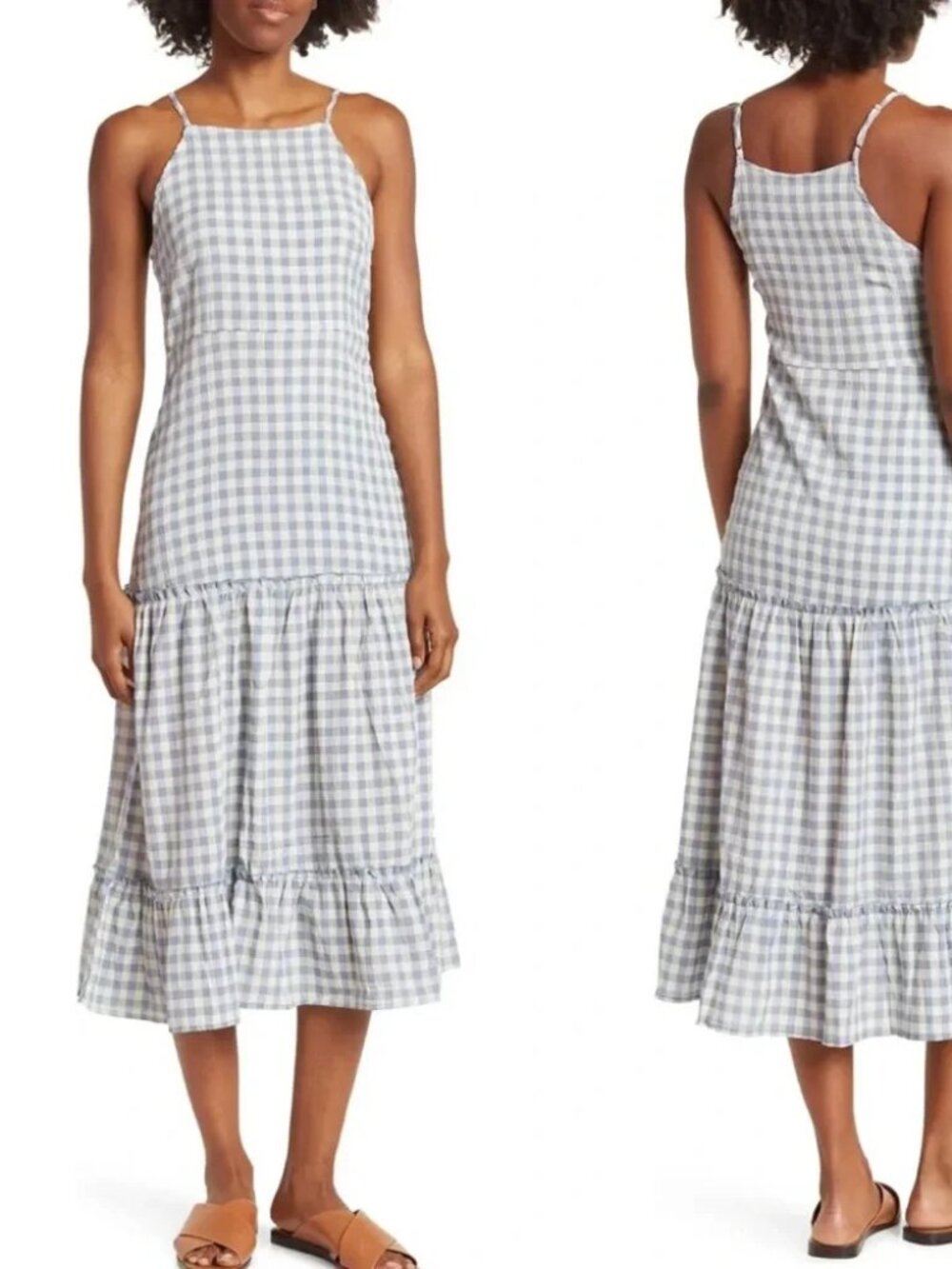 Nanette Lepore Blue Gingham Plaid Tiered Midi Dress 8 Crinkle Texture Halter